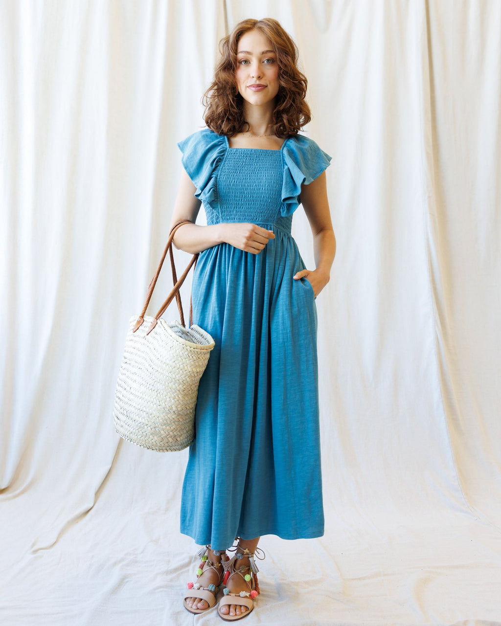 Sol Mate Dress — smocked flutter-sleeve midi dress