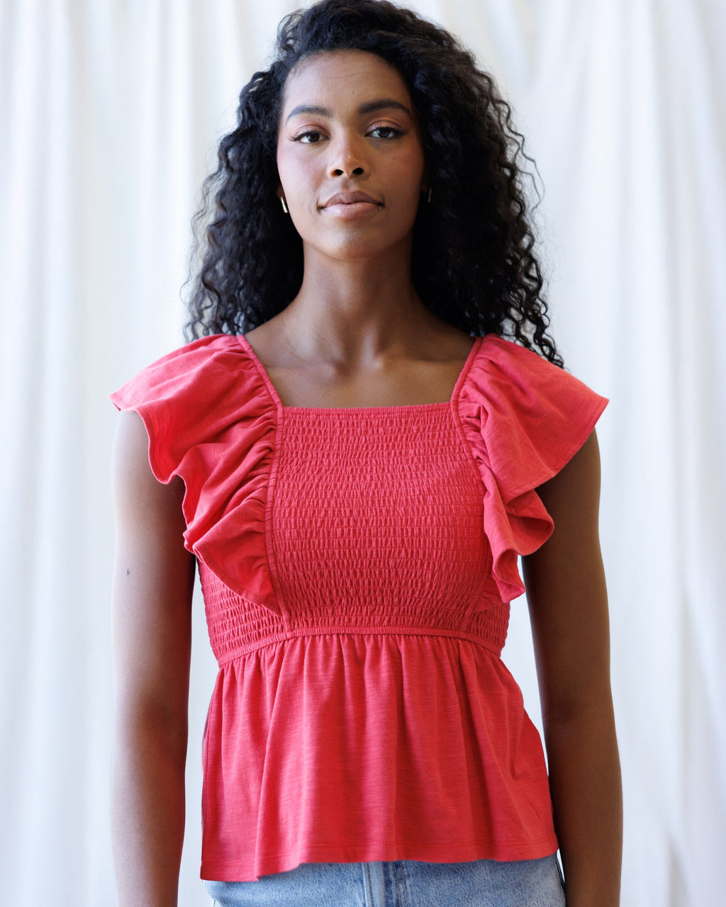 Sol Mate Top — smocked square-neck peplum top