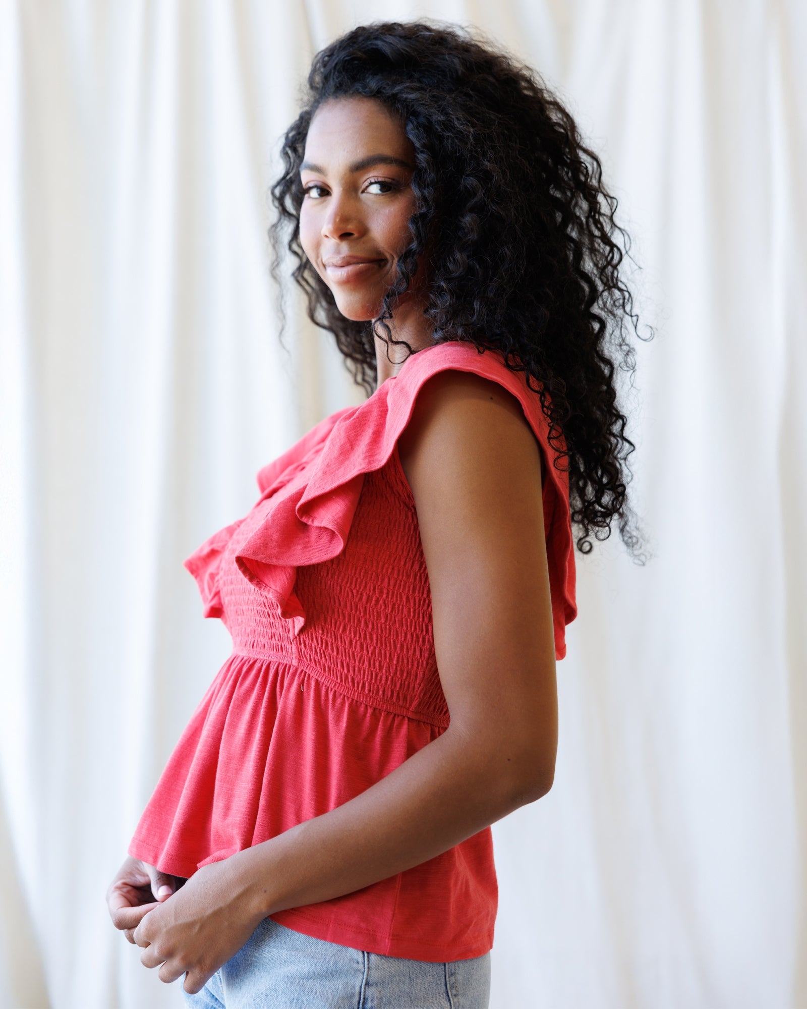Sol Mate Top — smocked square-neck peplum top