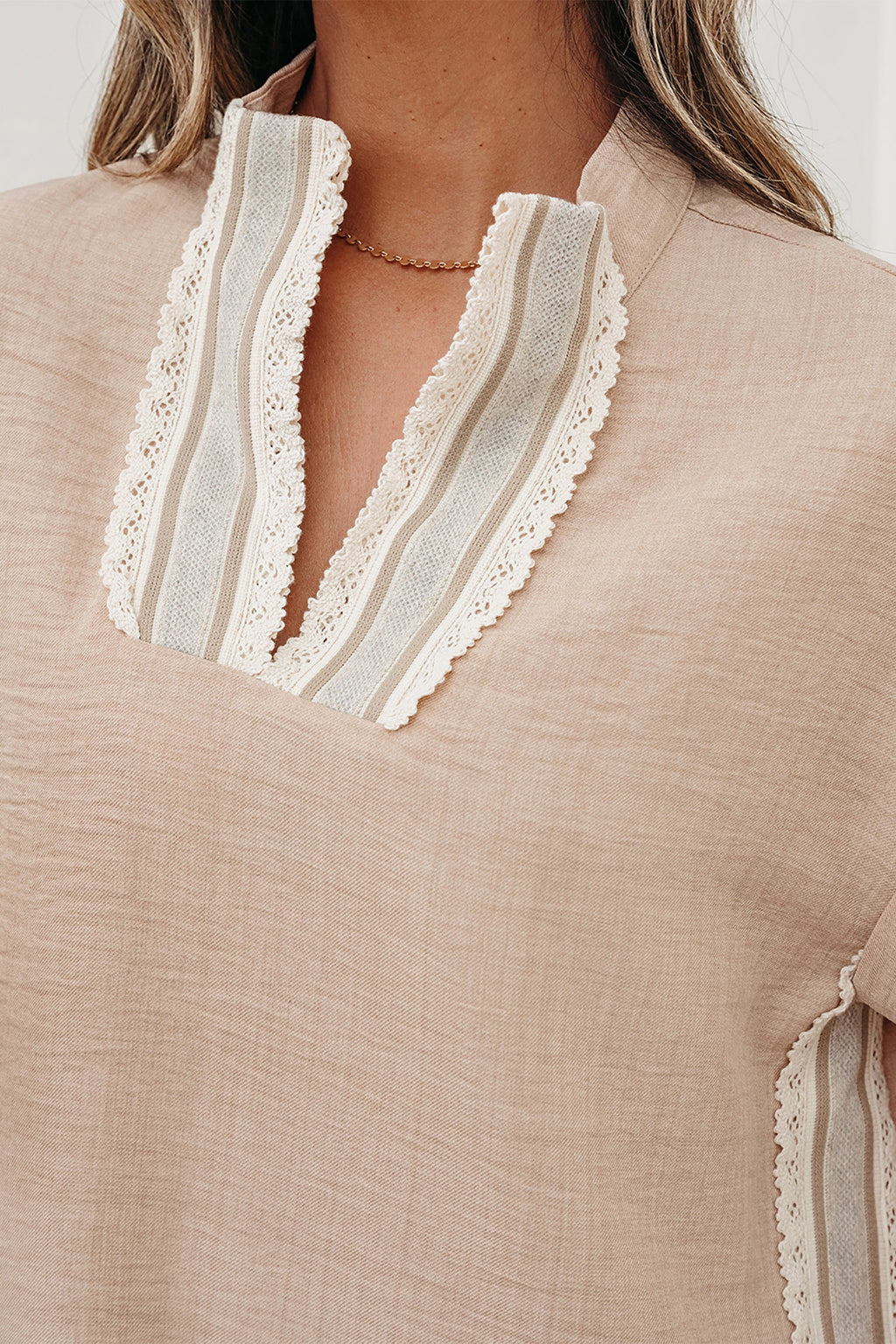 Jessica Rolled Short Sleeve Blouse — crochet-trim striped v-neck blouse