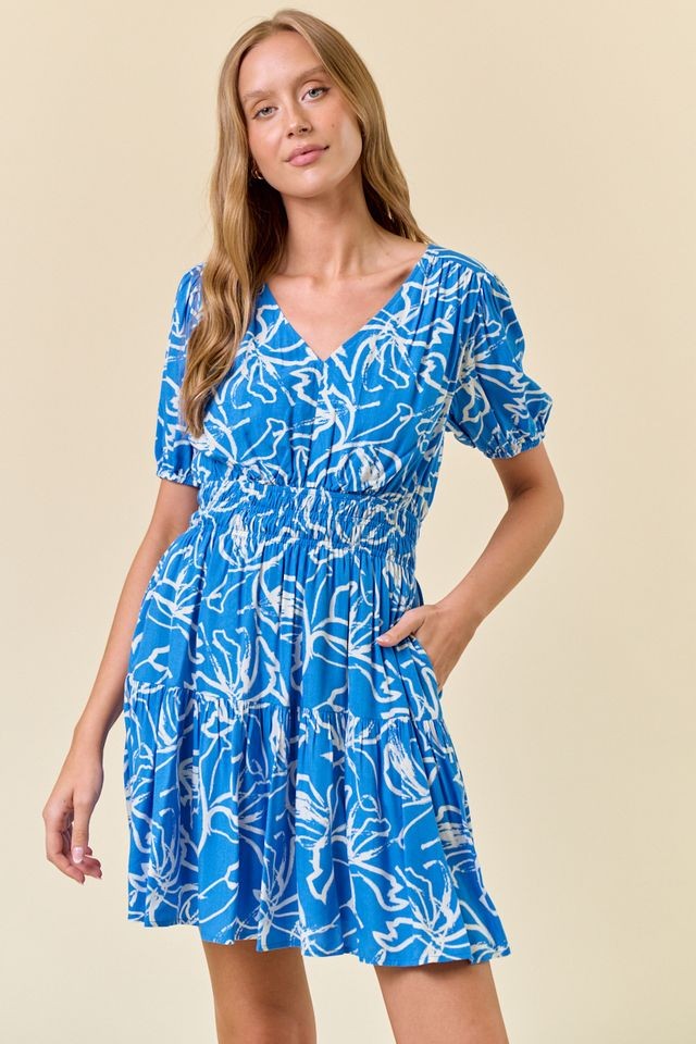 Santorini Mini Dress — floral puff-sleeve mini dress