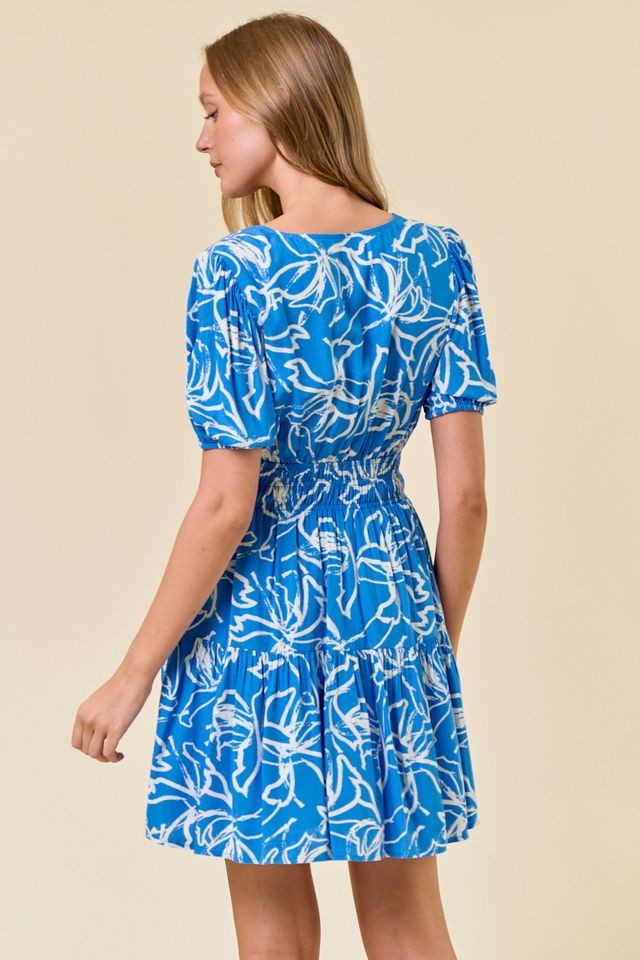 Santorini Mini Dress — floral puff-sleeve mini dress