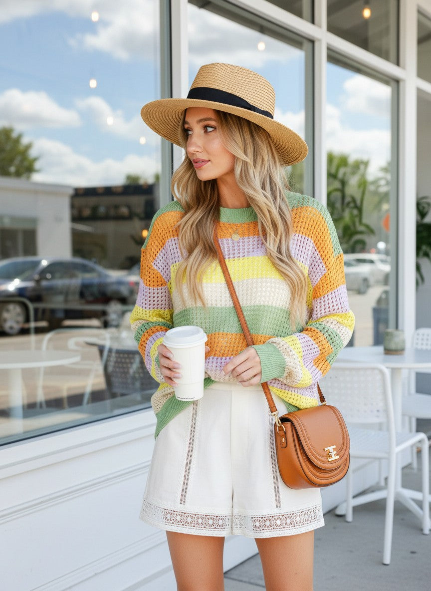 Effortless Open-Knit Crew Sweater — color-block knit sweater