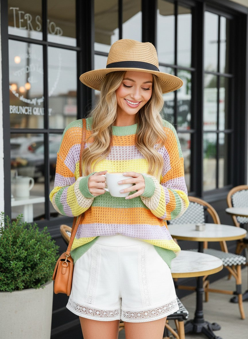 Effortless Open-Knit Crew Sweater — color-block knit sweater