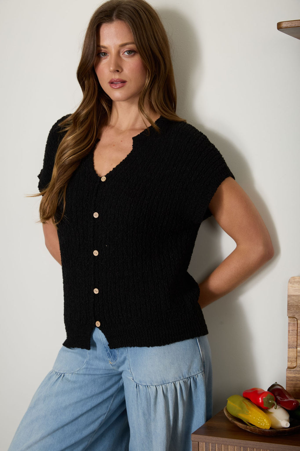 Ribbed Button Front Sweater — v-neck ribbed knit top