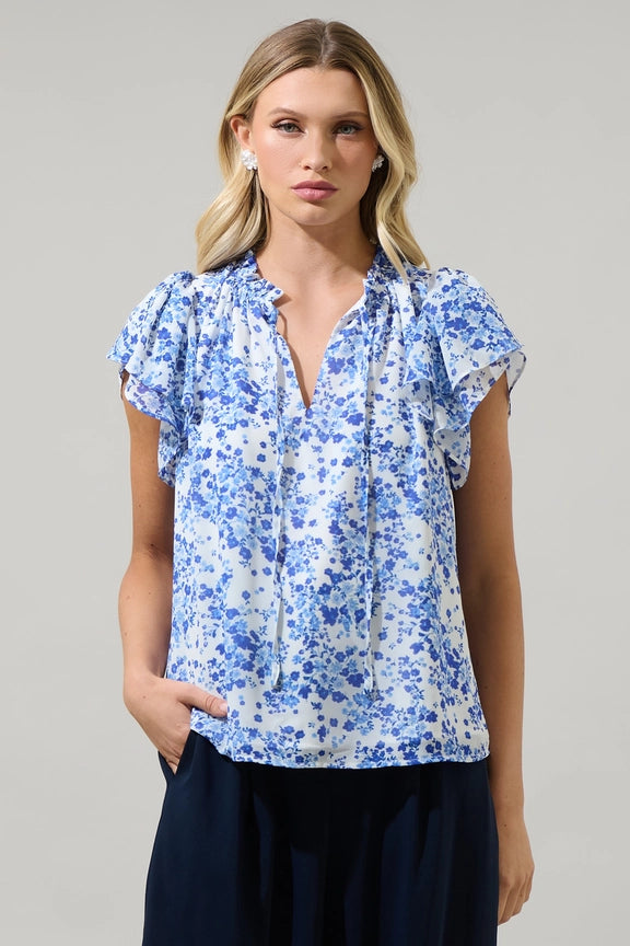 Forever Floral Top — blue floral ruffle blouse