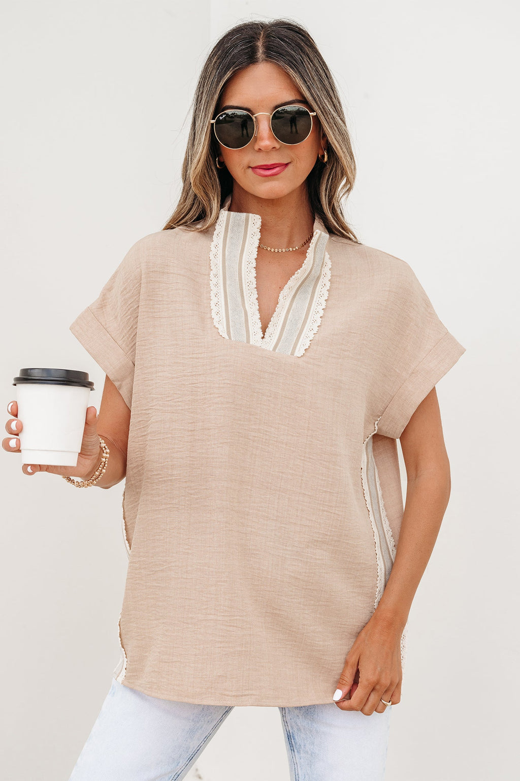 Jessica Rolled Short Sleeve Blouse — crochet-trim striped v-neck blouse