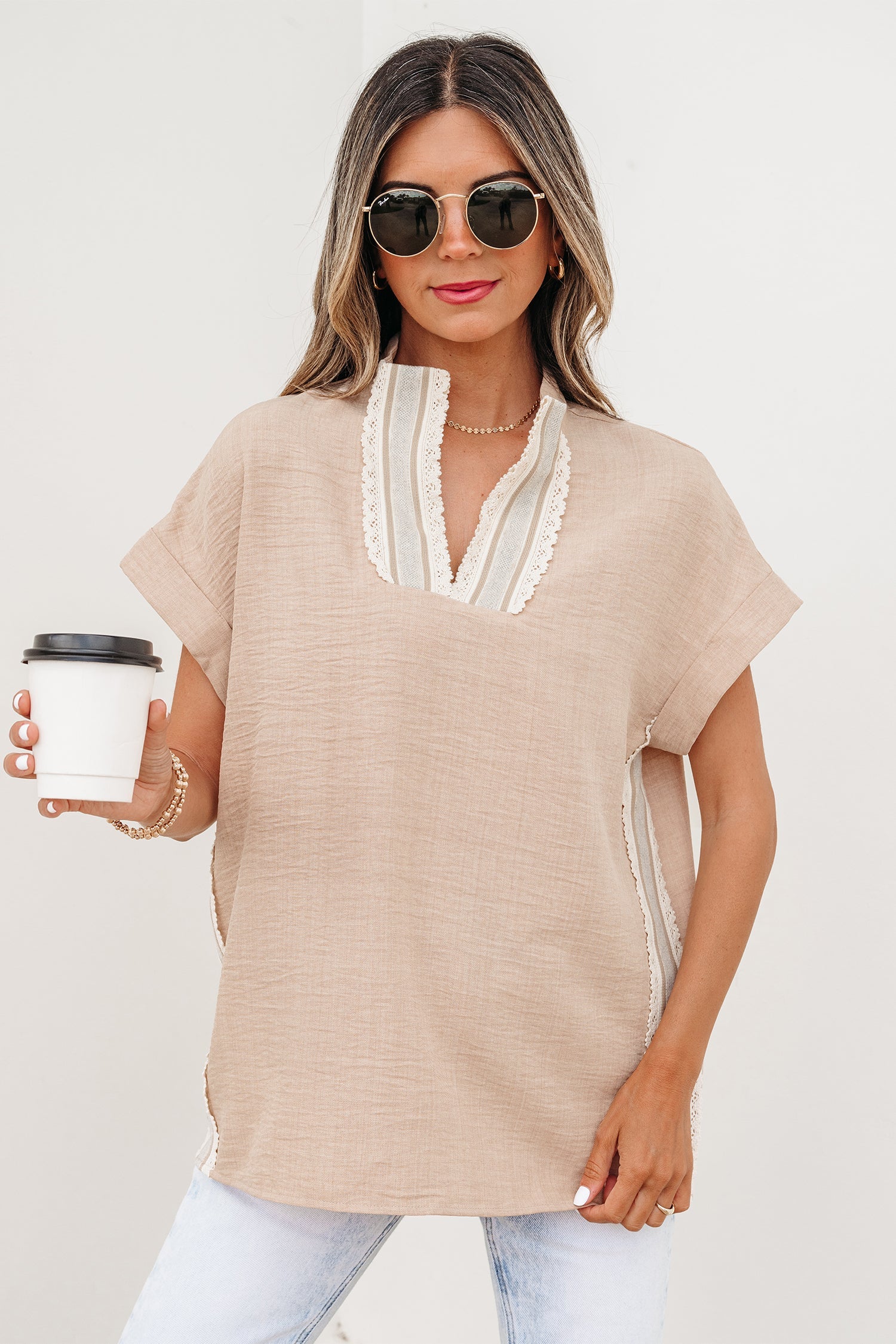 Jessica Rolled Short Sleeve Blouse — crochet-trim striped v-neck blouse