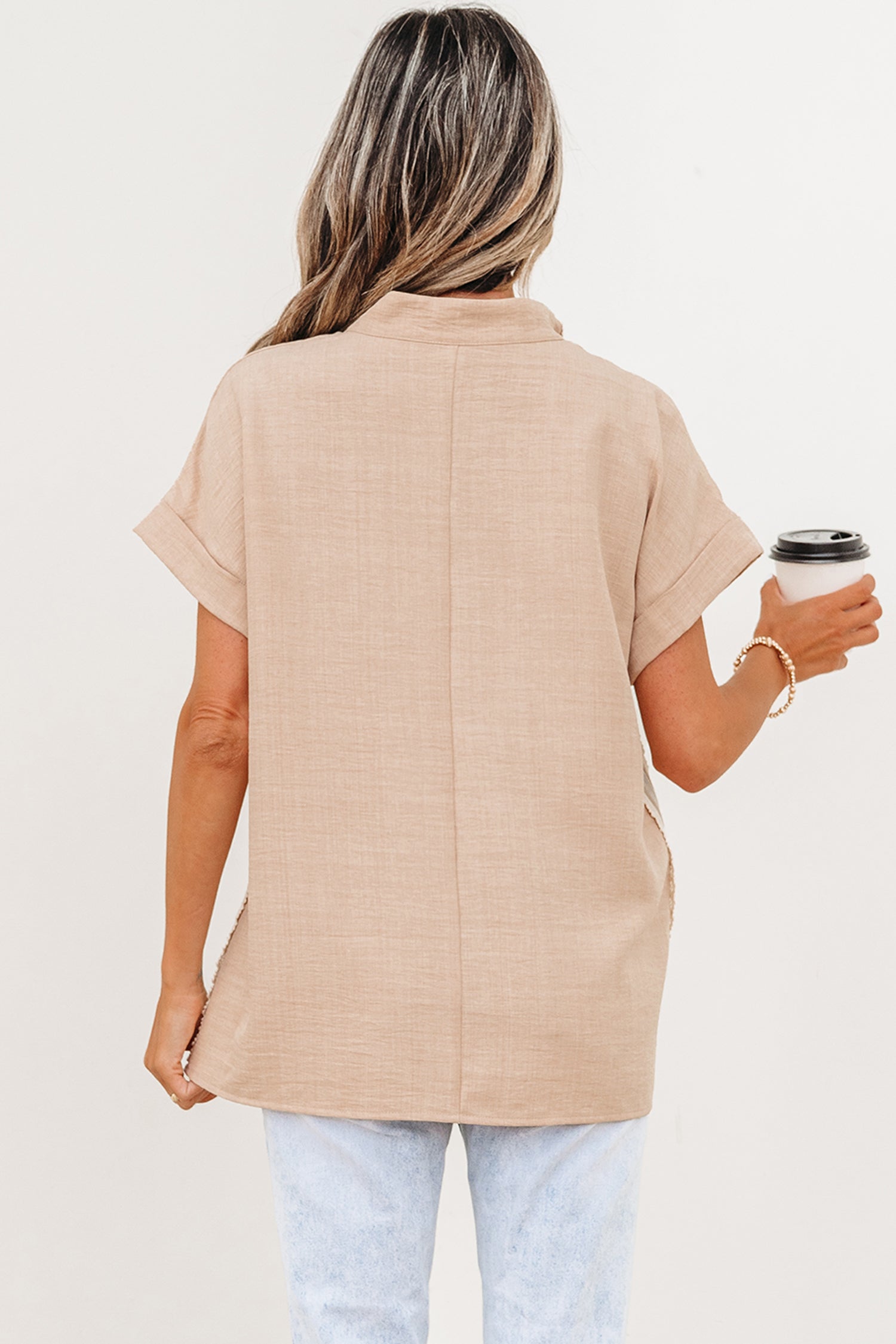 Jessica Rolled Short Sleeve Blouse — crochet-trim striped v-neck blouse