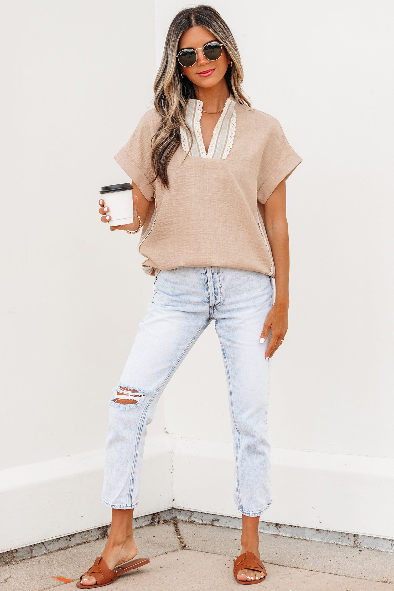 Jessica Rolled Short Sleeve Blouse — crochet-trim striped v-neck blouse