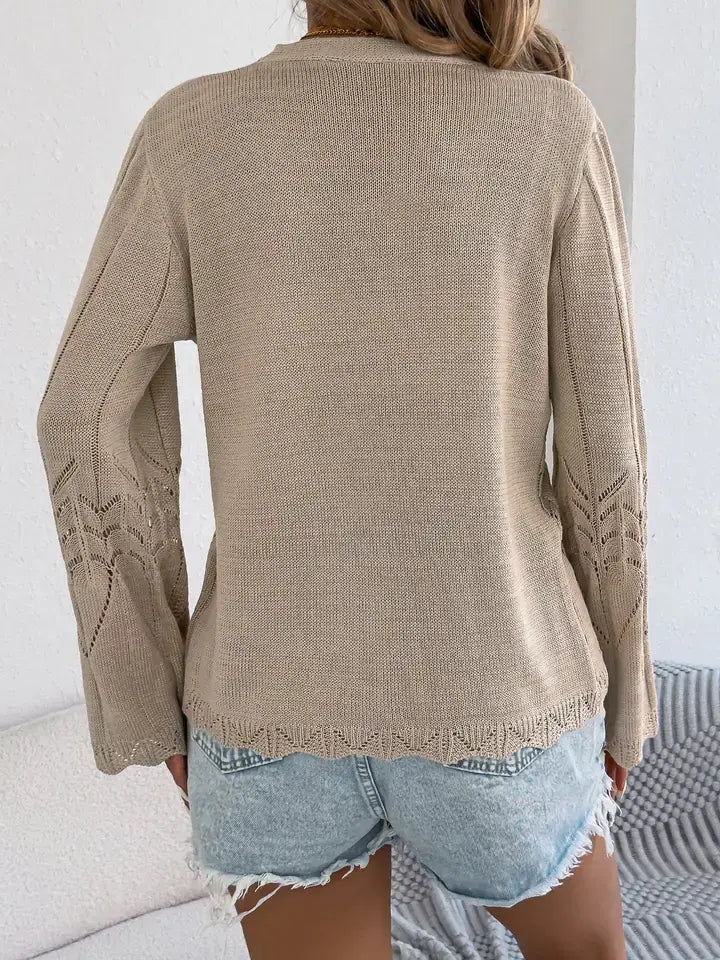 Khaki Boho Tie-Front Crochet Cardigan — styled view