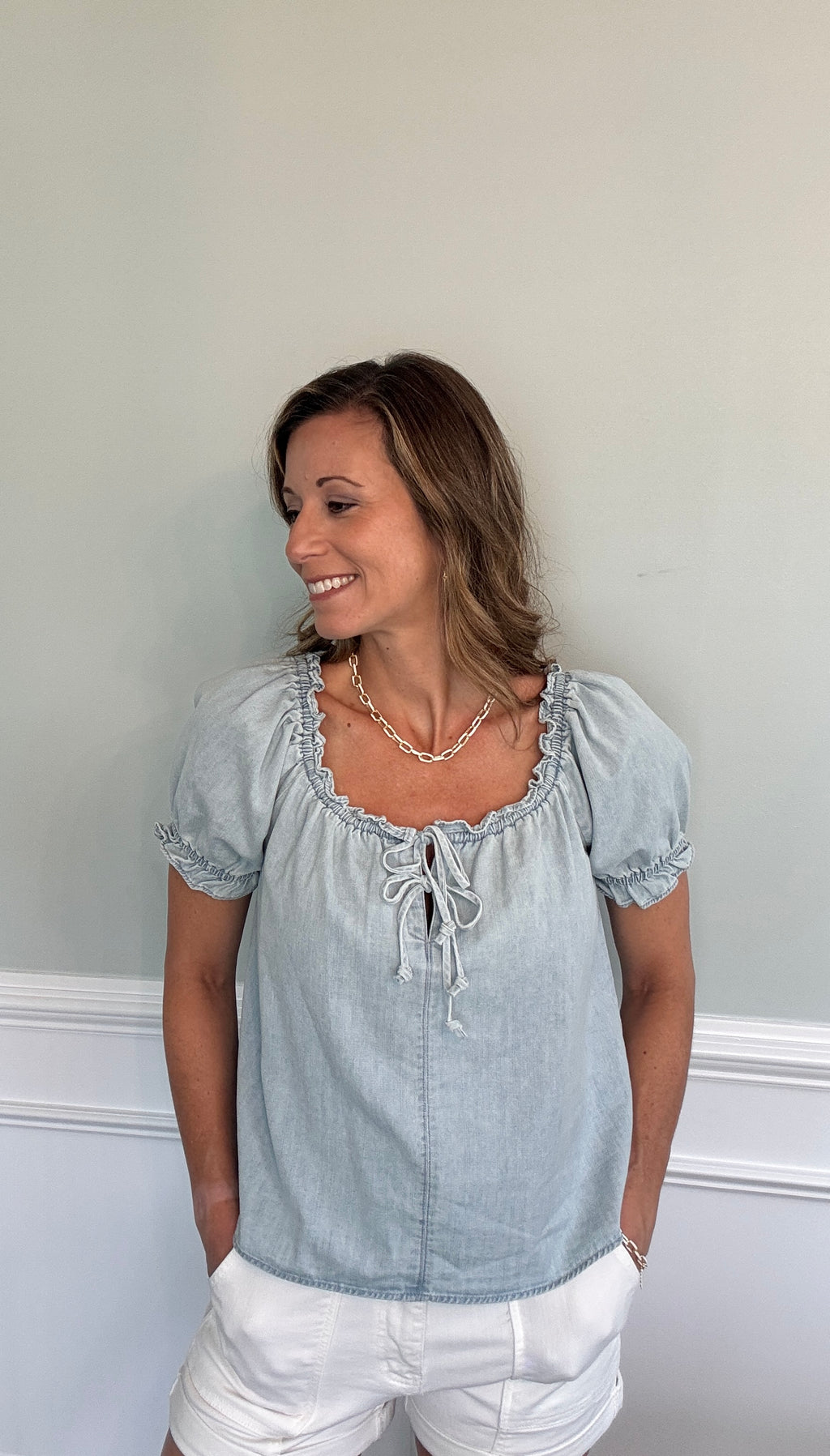 Babydoll Ruffle Denim Top — ruffle denim blouse