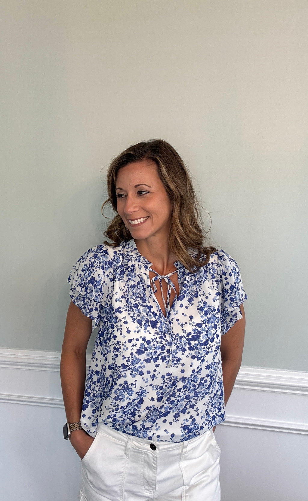 Forever Floral Top — blue floral ruffle blouse