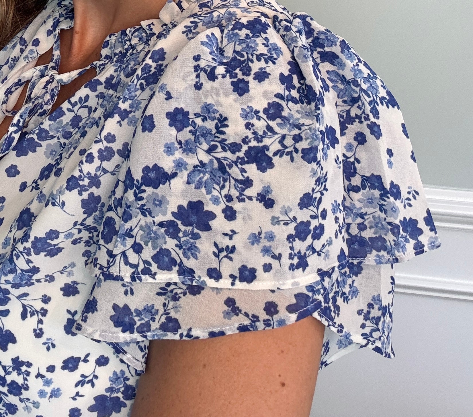 Forever Floral Top — blue floral ruffle blouse