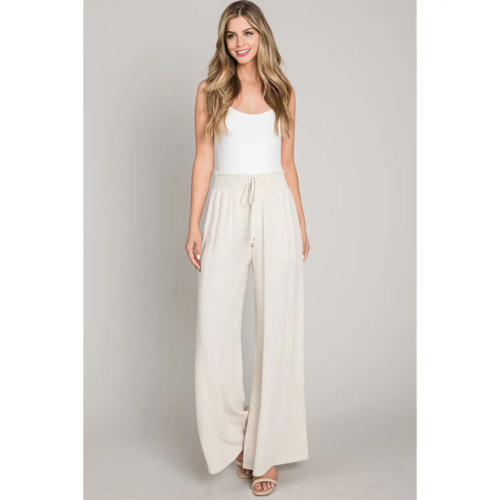Soft Linen Wide Leg Pants — linen smocked-waist wide-leg pants