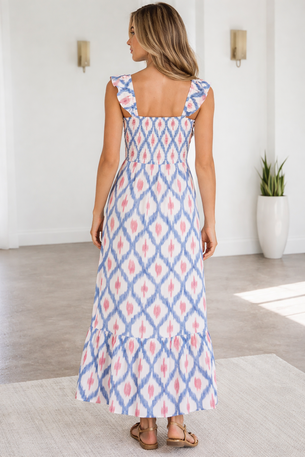 Deborah Waist Ruffle Sleeve Dress — geometric-print ruffle-sleeve maxi dress