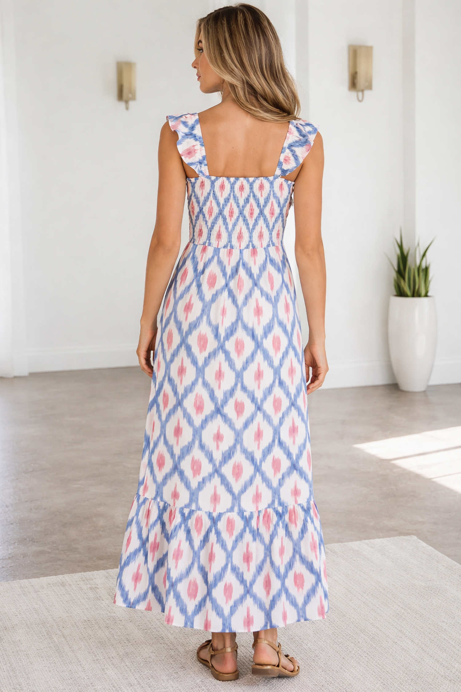 Deborah Waist Ruffle Sleeve Dress — geometric-print ruffle-sleeve maxi dress