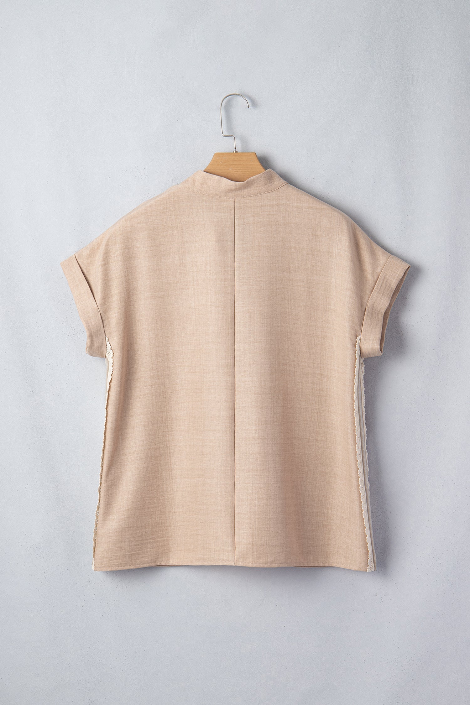 Jessica Rolled Short Sleeve Blouse — crochet-trim striped v-neck blouse