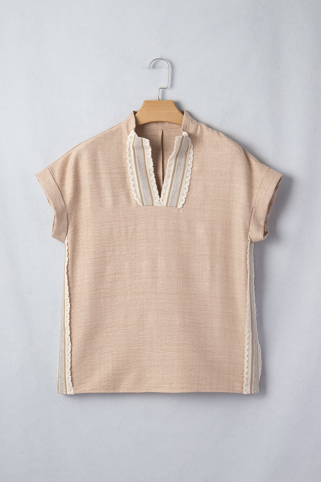 Jessica Rolled Short Sleeve Blouse — crochet-trim striped v-neck blouse