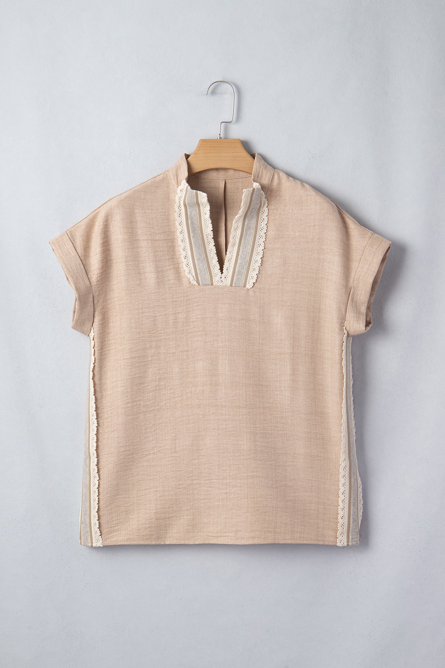 Jessica Rolled Short Sleeve Blouse — crochet-trim striped v-neck blouse