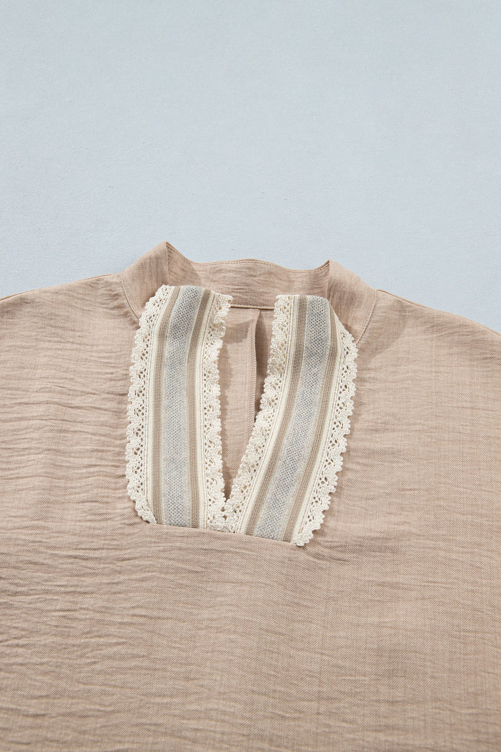 Jessica Rolled Short Sleeve Blouse — crochet-trim striped v-neck blouse