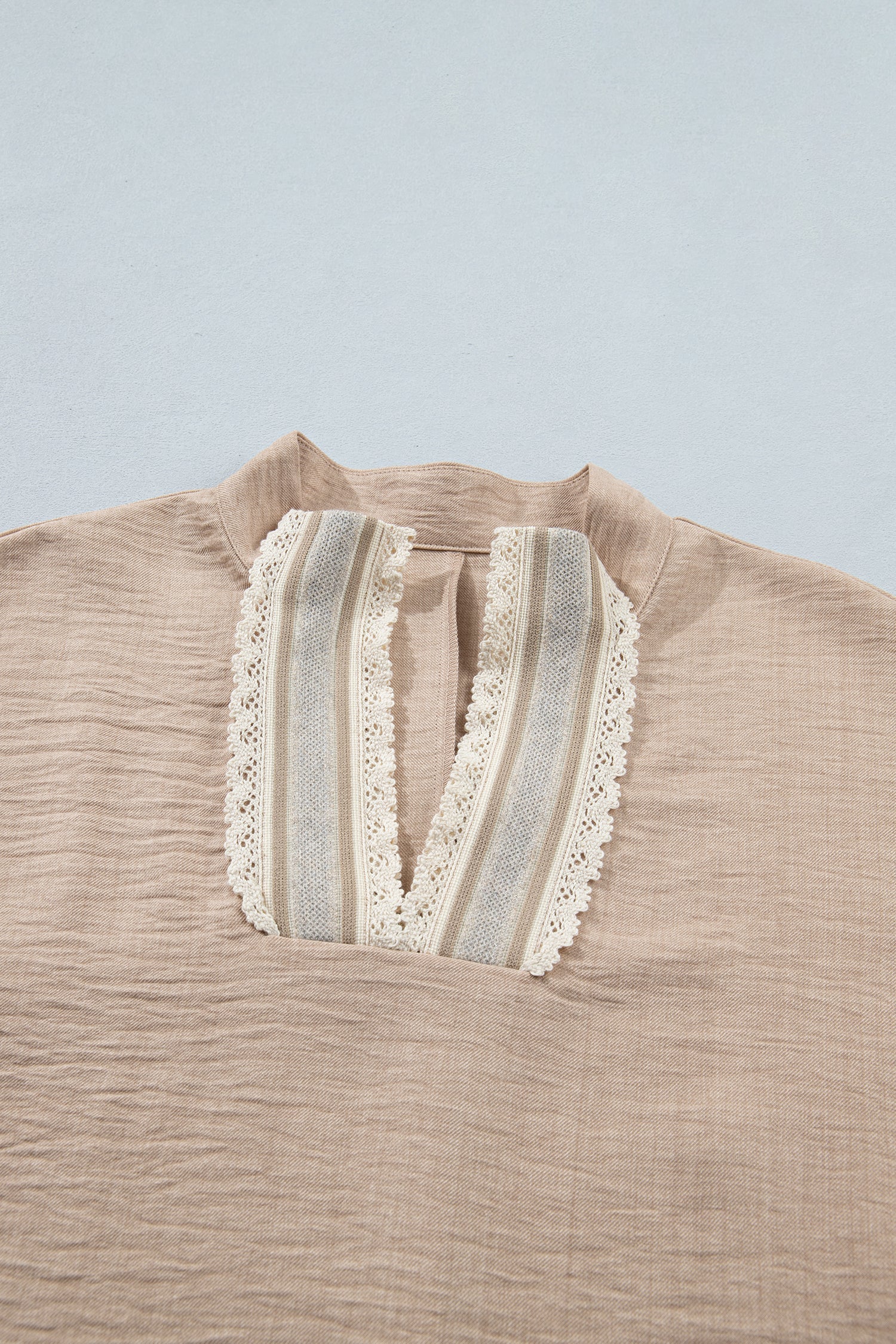 Jessica Rolled Short Sleeve Blouse — crochet-trim striped v-neck blouse