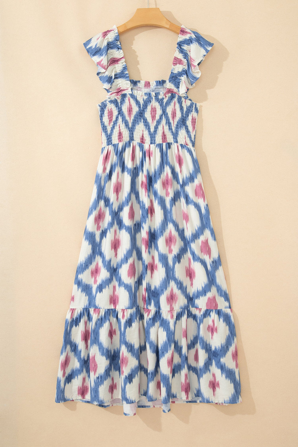 Deborah Waist Ruffle Sleeve Dress — geometric-print ruffle-sleeve maxi dress