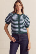 Fairway Stripe Puff Sleeve Cardigan — green striped puff-sleeve cardigan