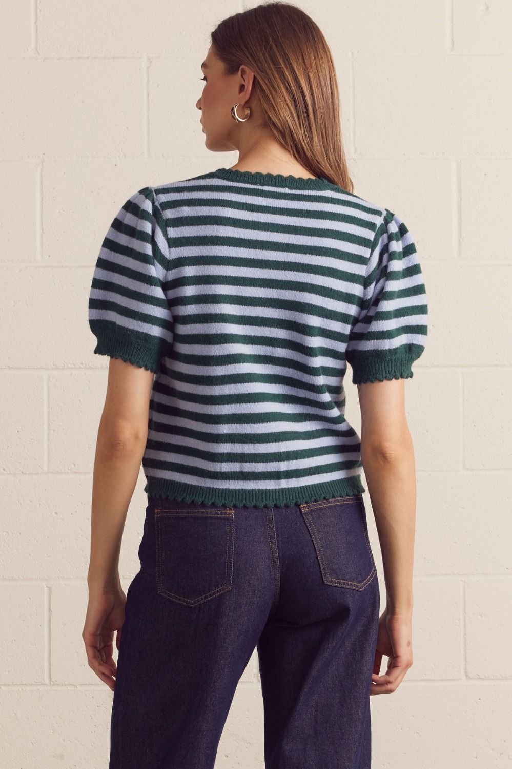 Fairway Stripe Puff Sleeve Cardigan — green striped puff-sleeve cardigan