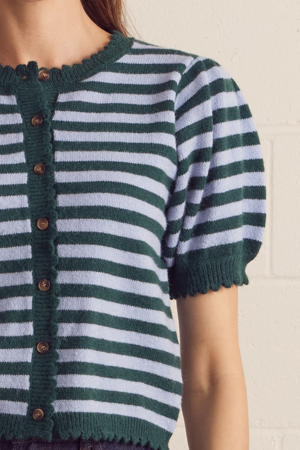 Fairway Stripe Puff Sleeve Cardigan — green striped puff-sleeve cardigan