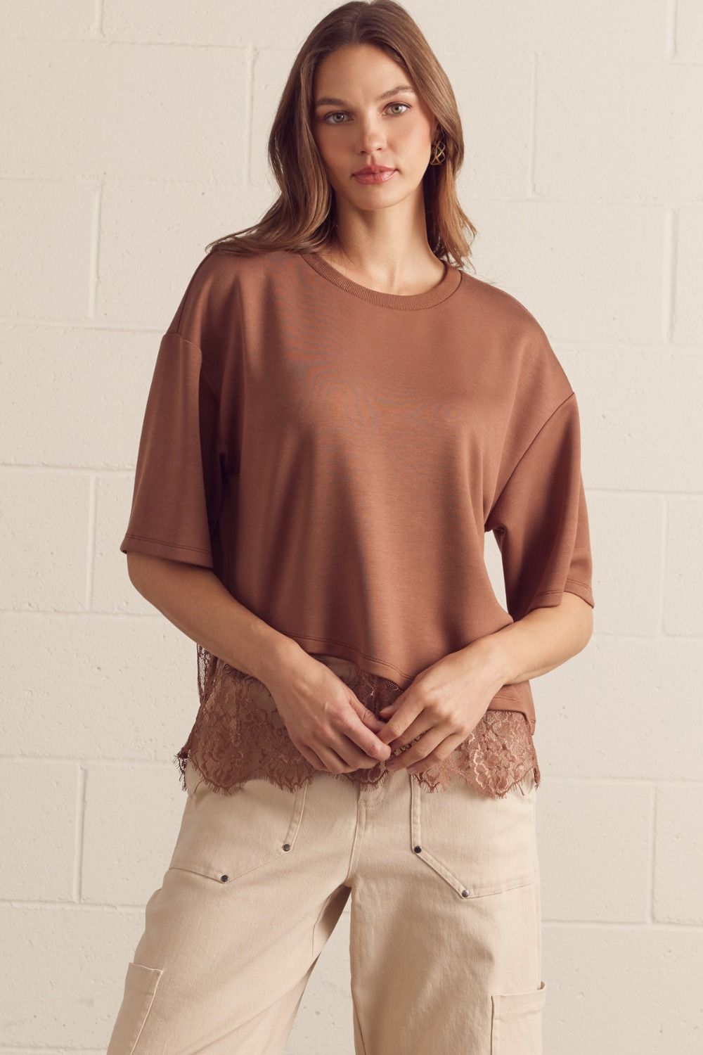 Mocha Scallop Lace Top — mocha scalloped lace top