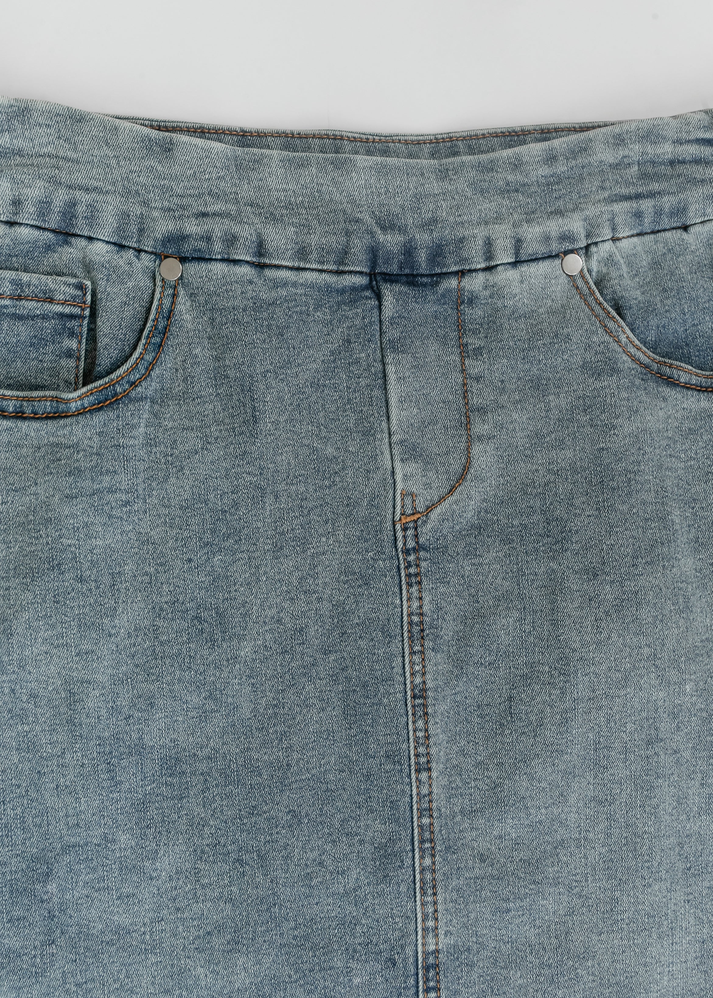 Sandra Classic Wash Midi Denim Skirt — light-wash midi denim skirt