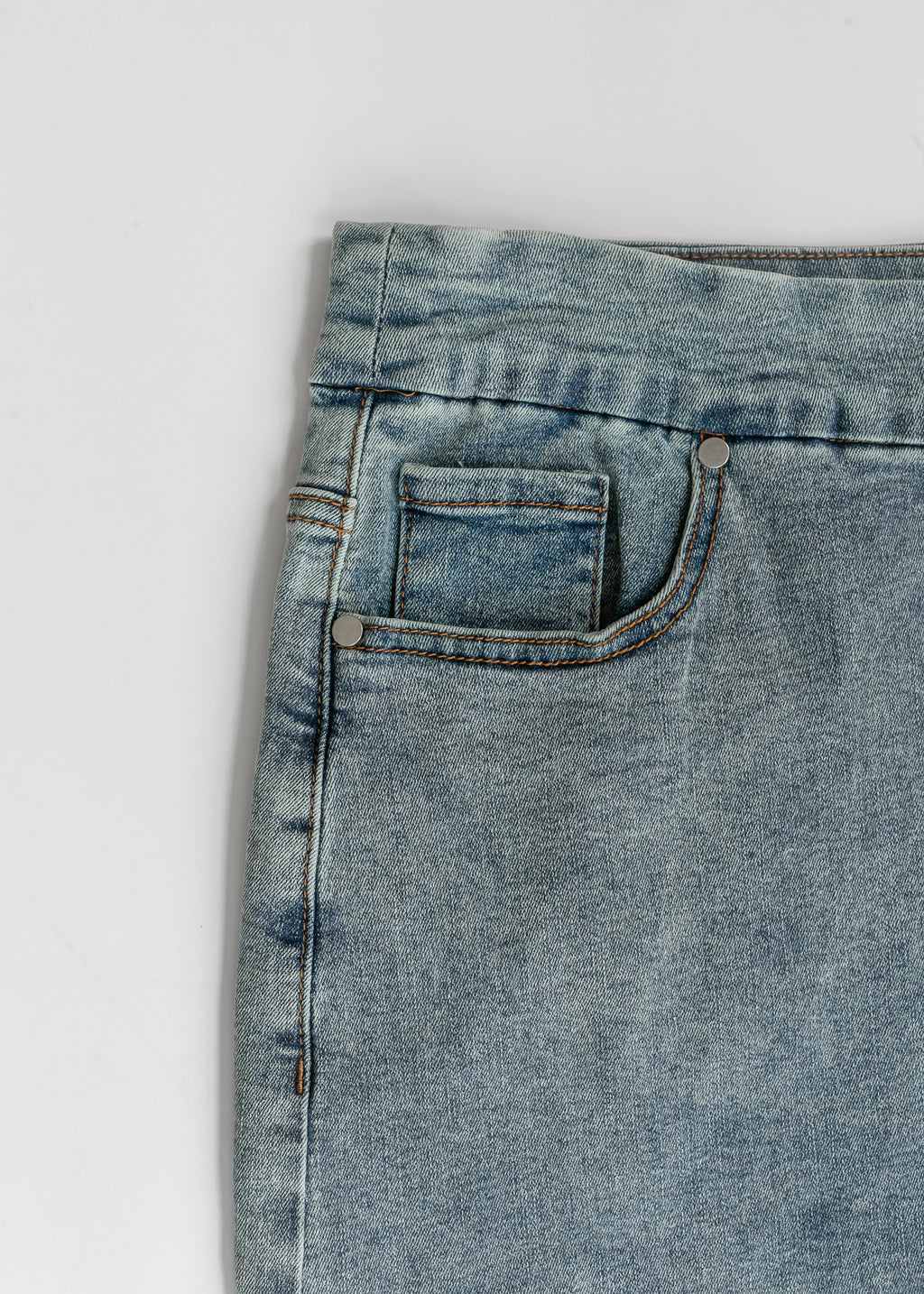 Sandra Classic Wash Midi Denim Skirt — light-wash midi denim skirt