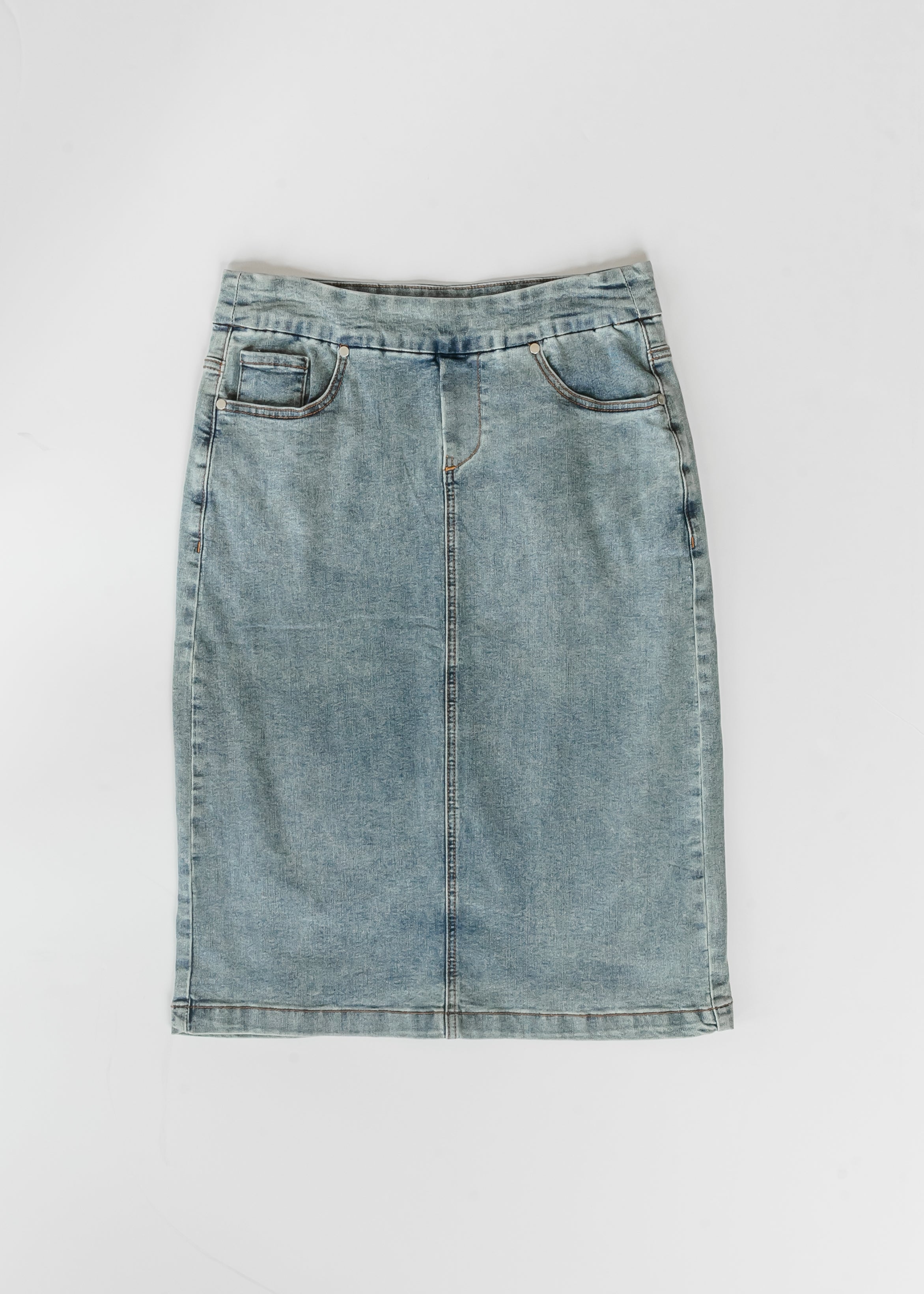 Sandra Classic Wash Midi Denim Skirt — light-wash midi denim skirt