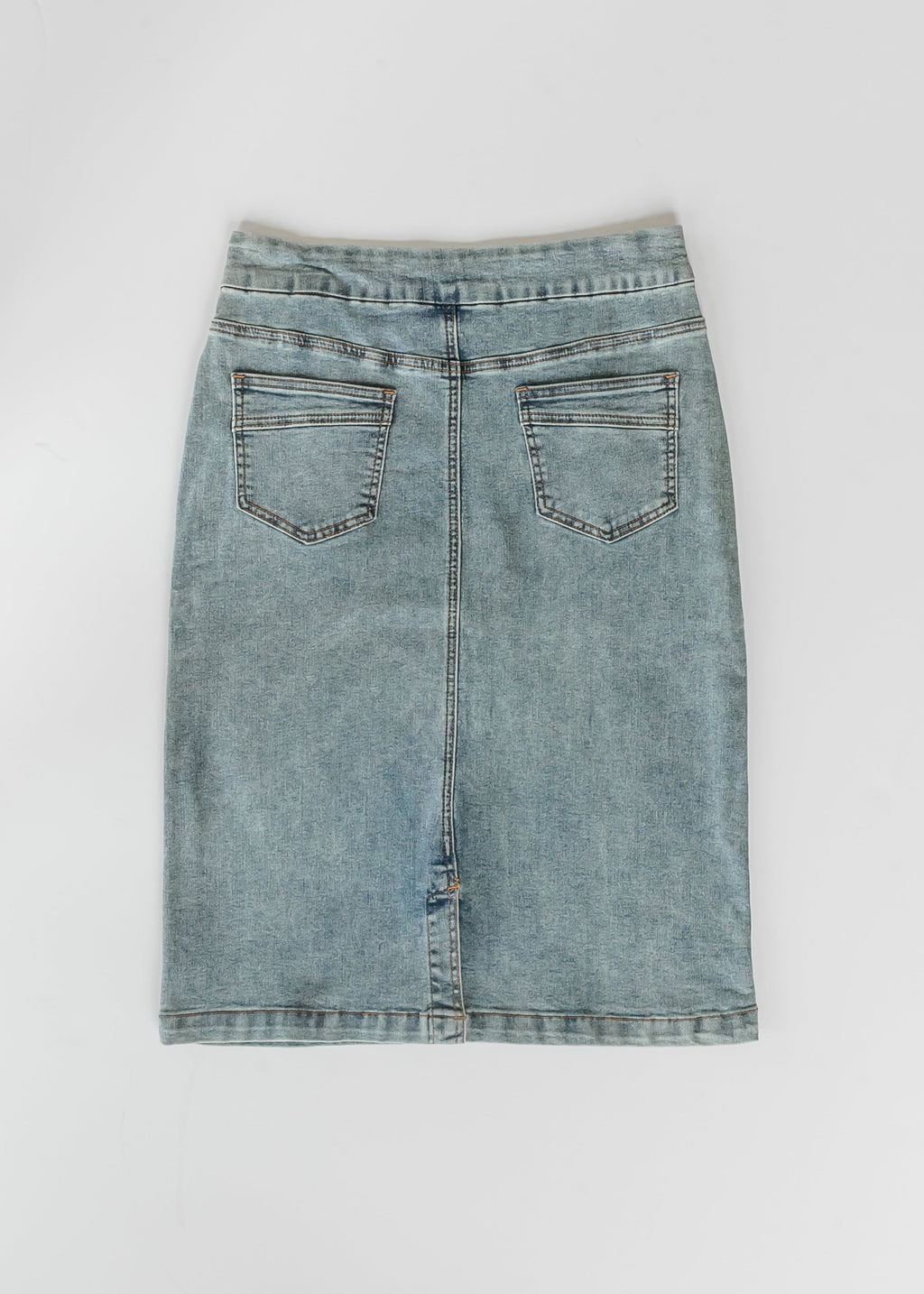 Sandra Classic Wash Midi Denim Skirt — light-wash midi denim skirt
