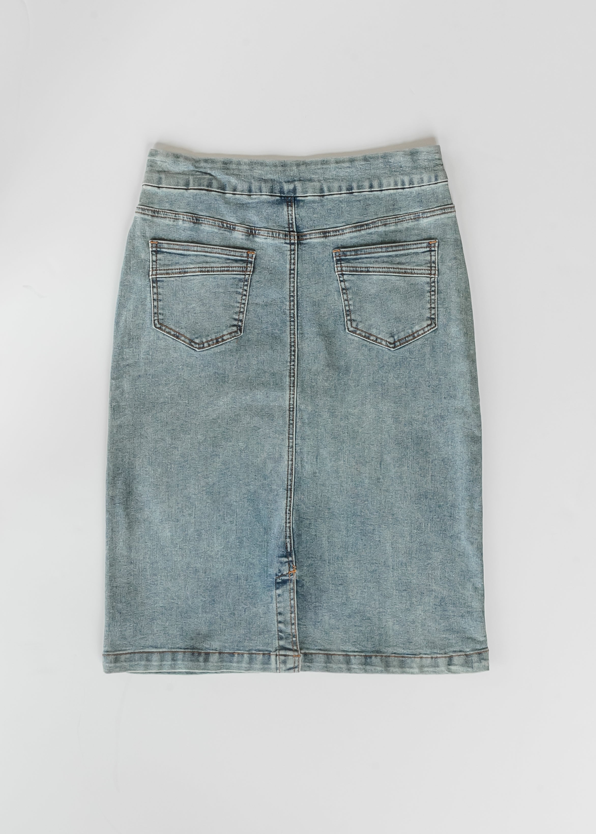 Sandra Classic Wash Midi Denim Skirt — light-wash midi denim skirt