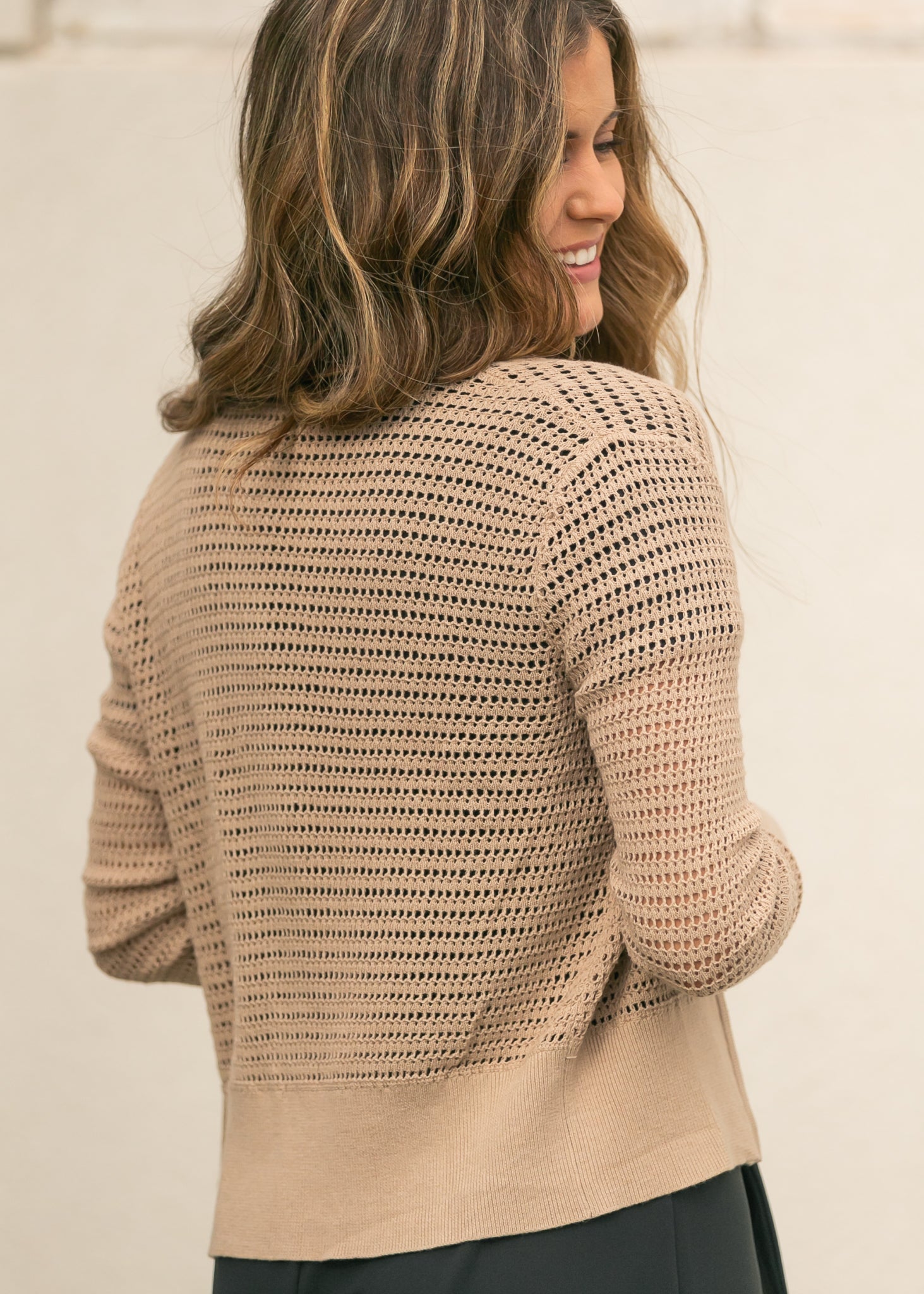 Tate Crochet Open Knit Cardigan — taupe open-knit zip cardigan