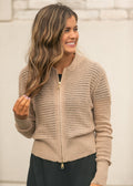 Tate Crochet Open Knit Cardigan — taupe open-knit zip cardigan