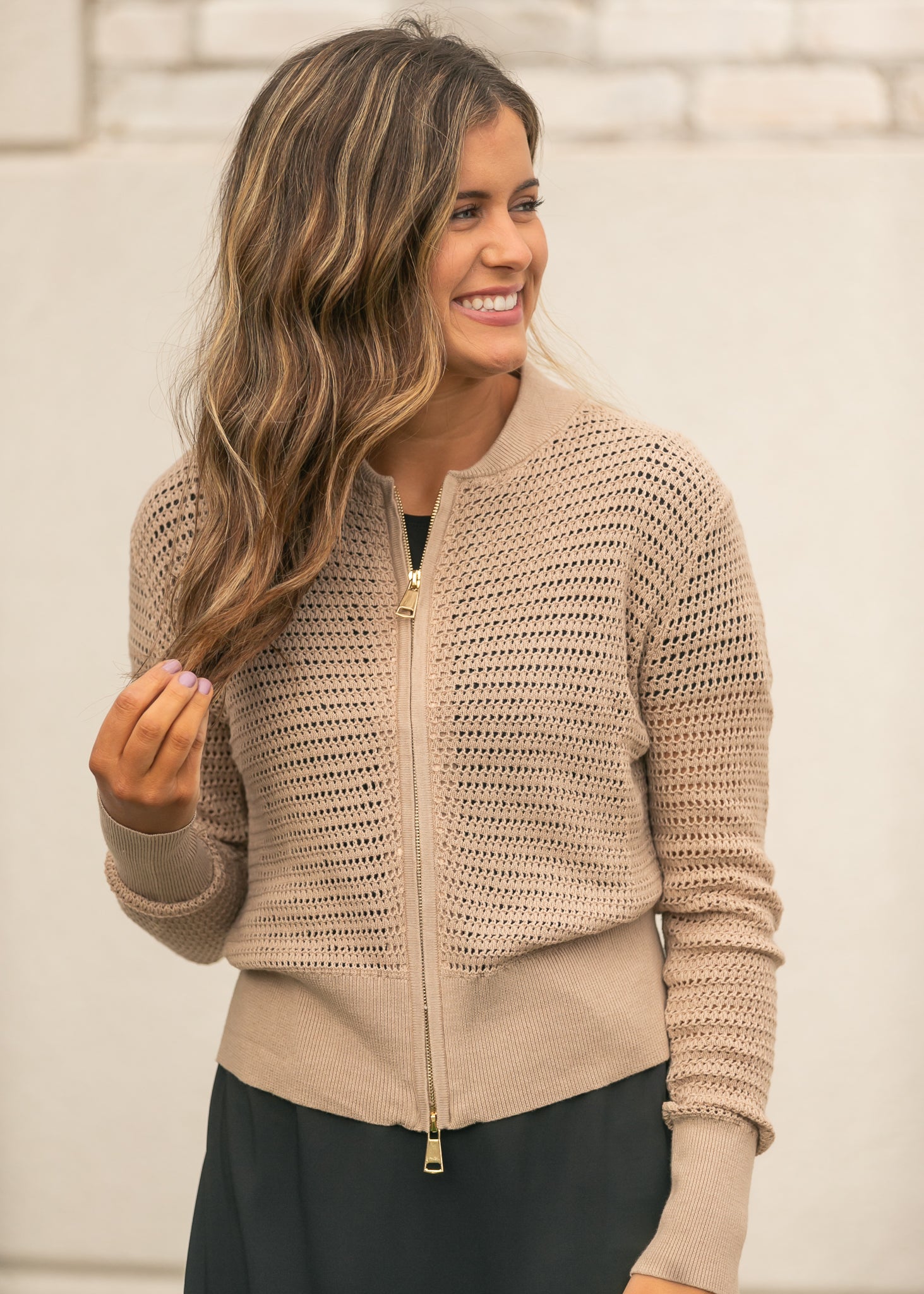 Tate Crochet Open Knit Cardigan — taupe open-knit zip cardigan