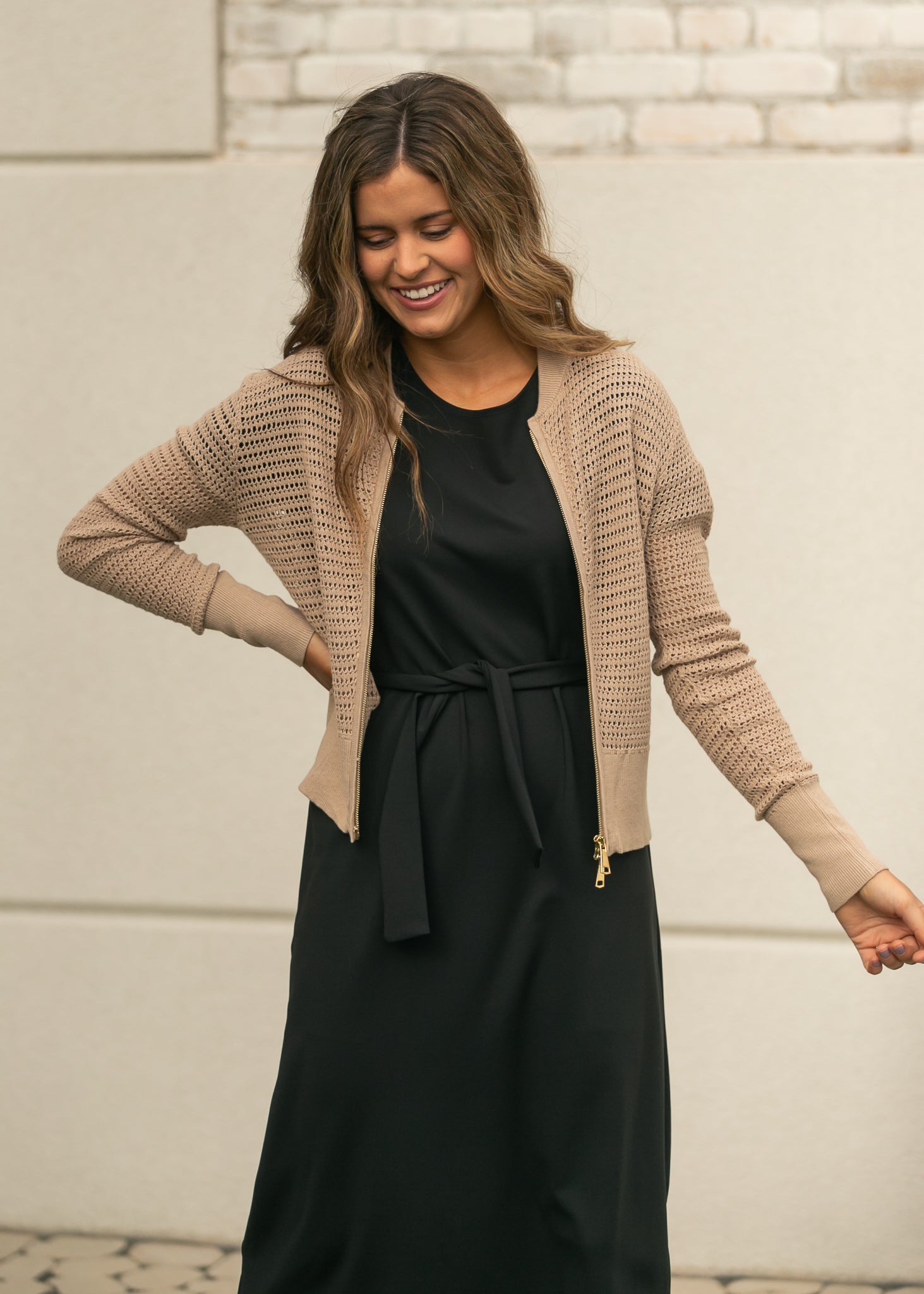 Tate Crochet Open Knit Cardigan — taupe open-knit zip cardigan