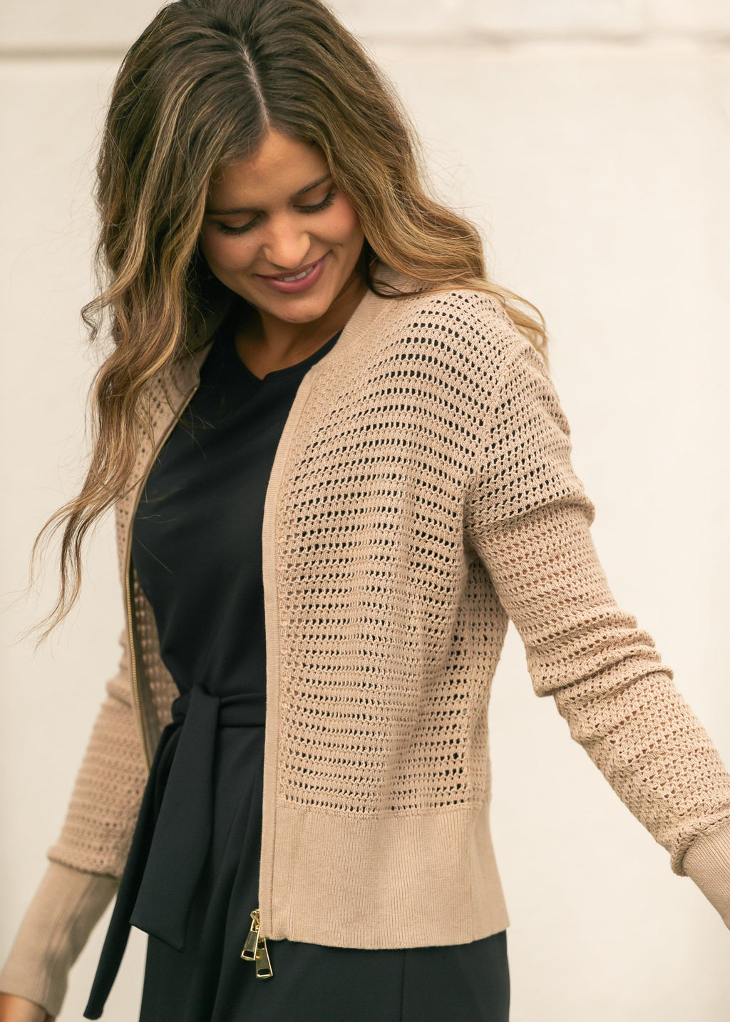 Tate Crochet Open Knit Cardigan — taupe open-knit zip cardigan