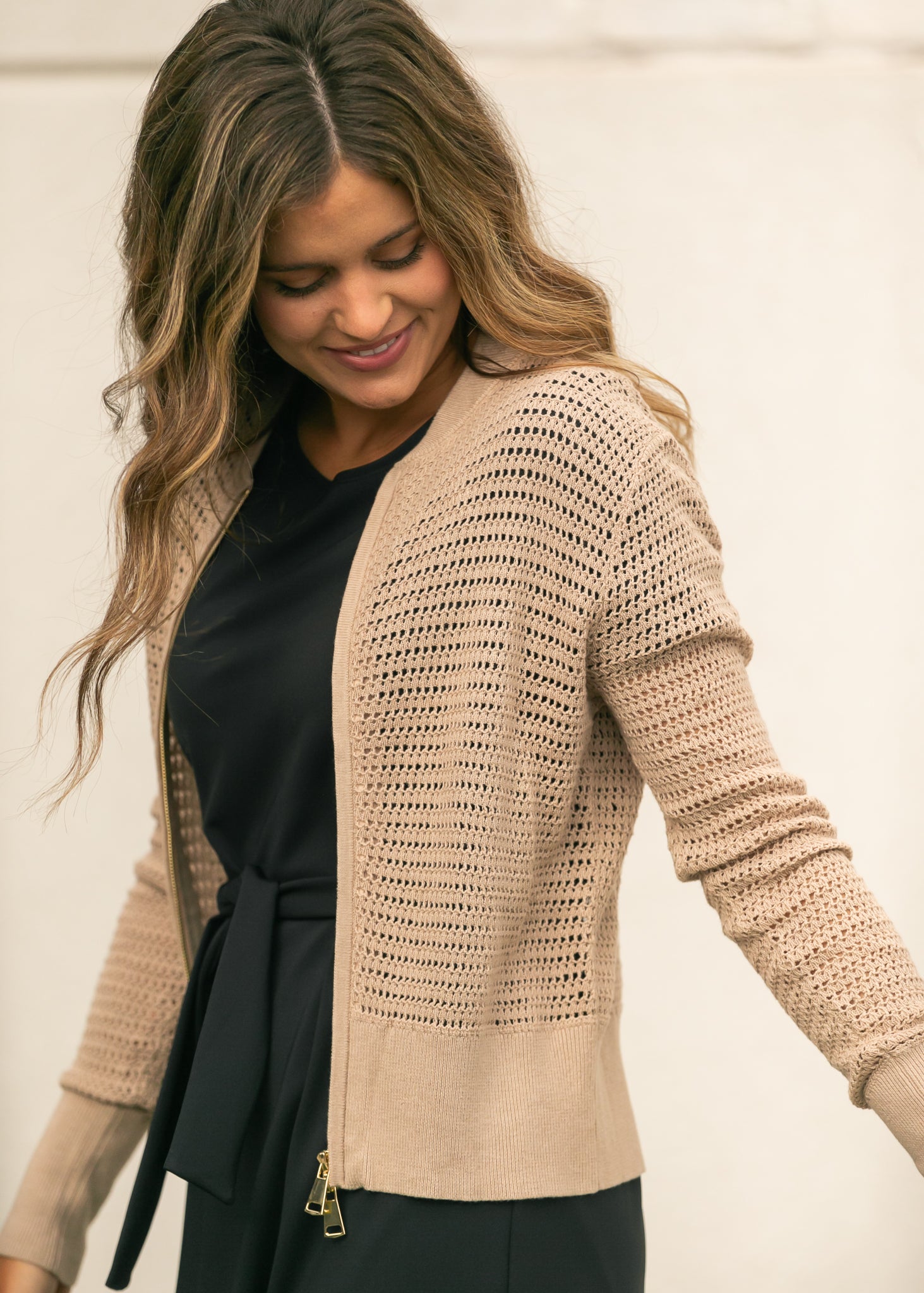 Tate Crochet Open Knit Cardigan — taupe open-knit zip cardigan