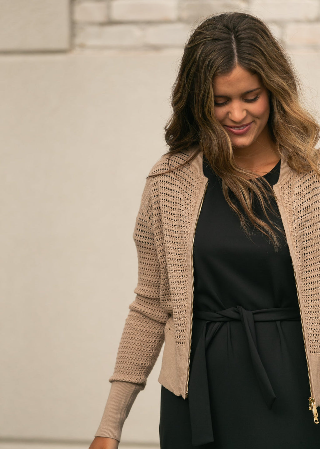 Tate Crochet Open Knit Cardigan — taupe open-knit zip cardigan