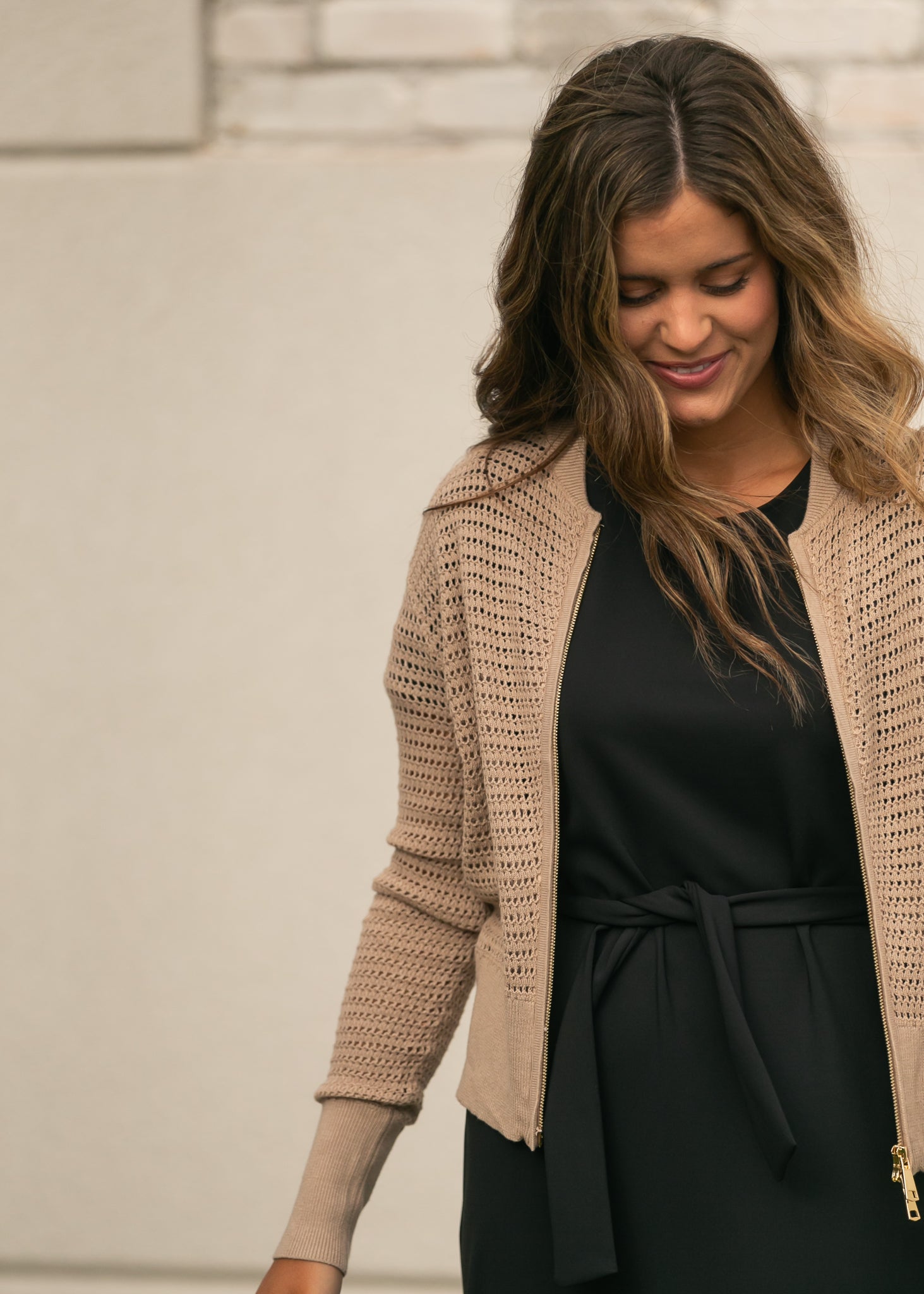 Tate Crochet Open Knit Cardigan — taupe open-knit zip cardigan